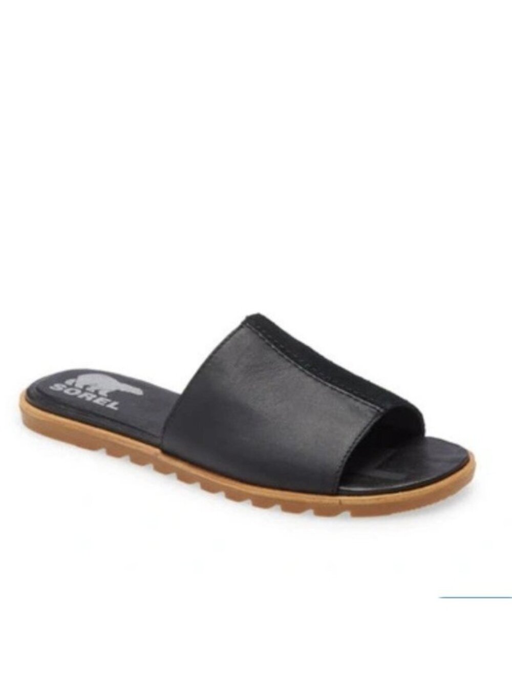 SOREL Ella 6.5 Block Black Leather women’s SLIP ON‎ slide sandals lugg sole